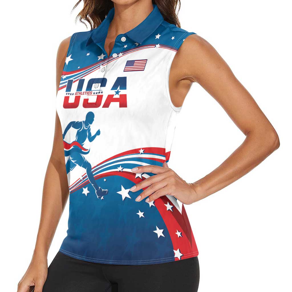 Custom USA Athletics Women Sleeveless Polo Shirt 2024 United States Flag Curve Style - Wonder Print Shop