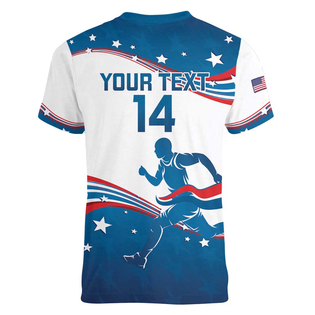 Custom USA Athletics Women V-Neck T-Shirt 2024 United States Flag Curve Style - Wonder Print Shop