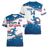 Custom USA Athletics Women V-Neck T-Shirt 2024 United States Flag Curve Style - Wonder Print Shop