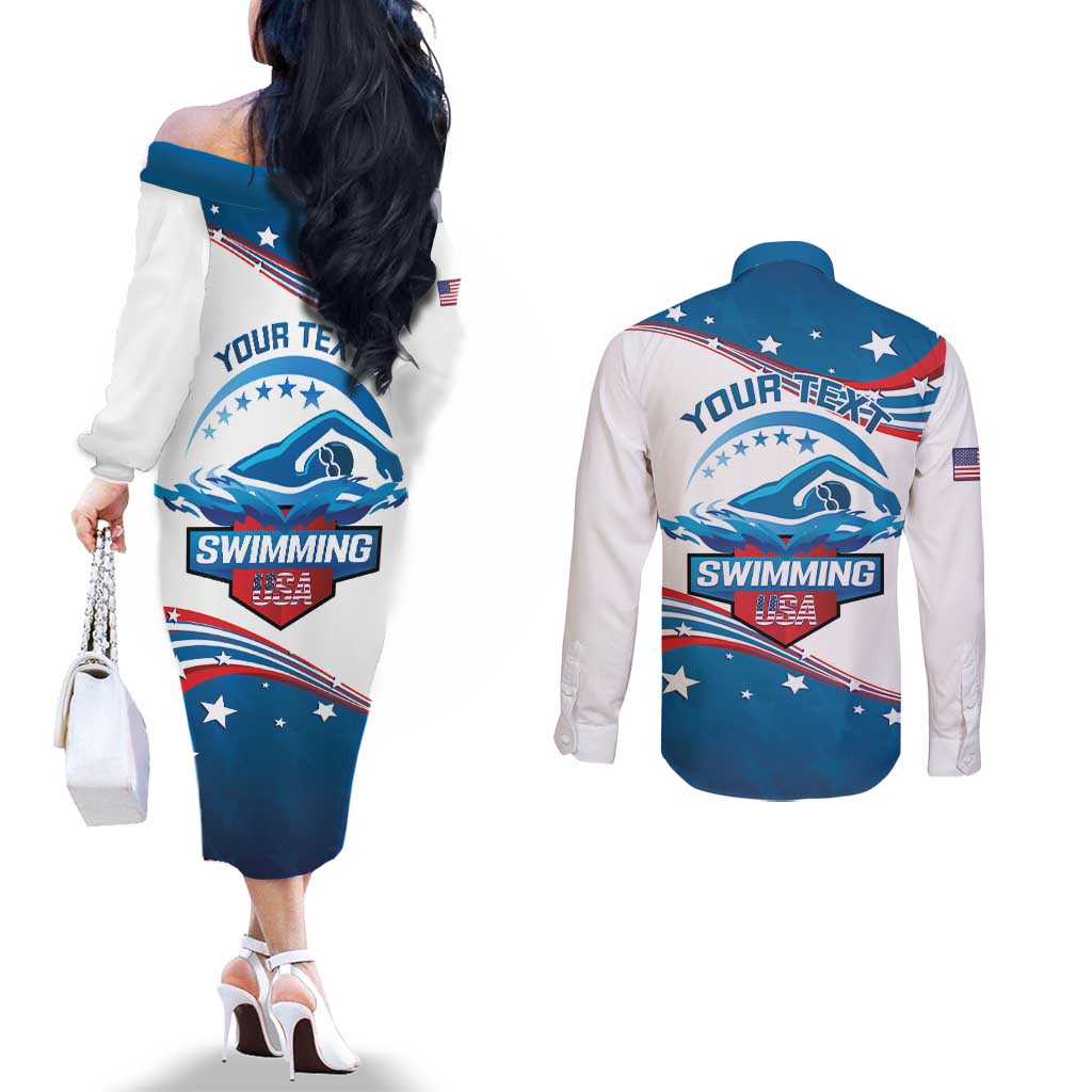 Personalized USA Swimming Couples Matching Off The Shoulder Long Sleeve Dress and Long Sleeve Button Shirt 2024 We Are The Champions