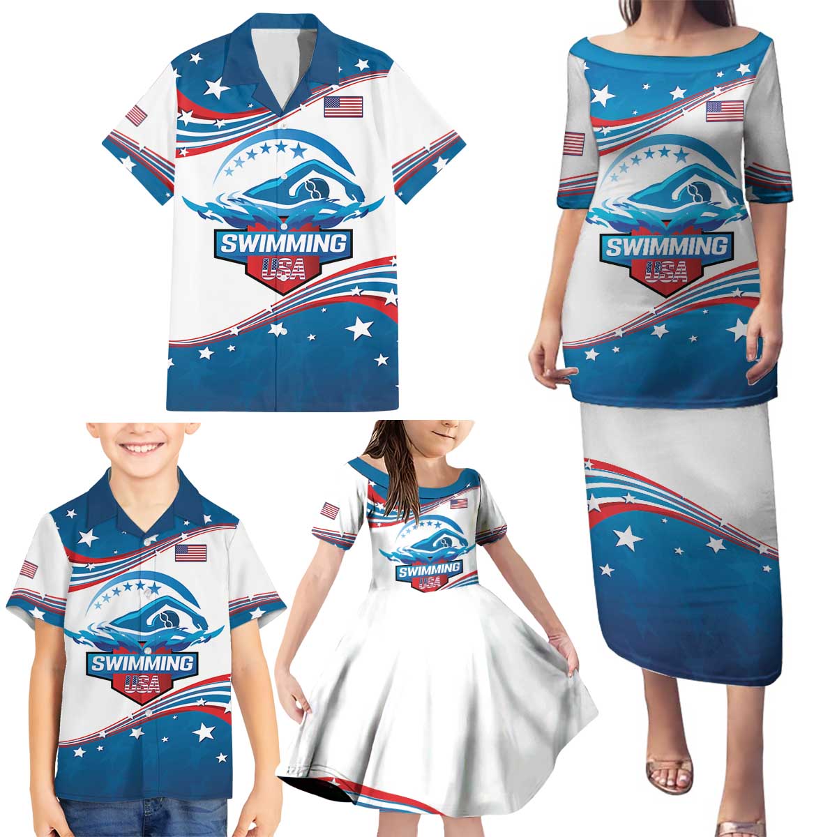 Personalized USA Swimming Family Matching Puletasi and Hawaiian Shirt 2024 We Are The Champions - Wonder Print Shop