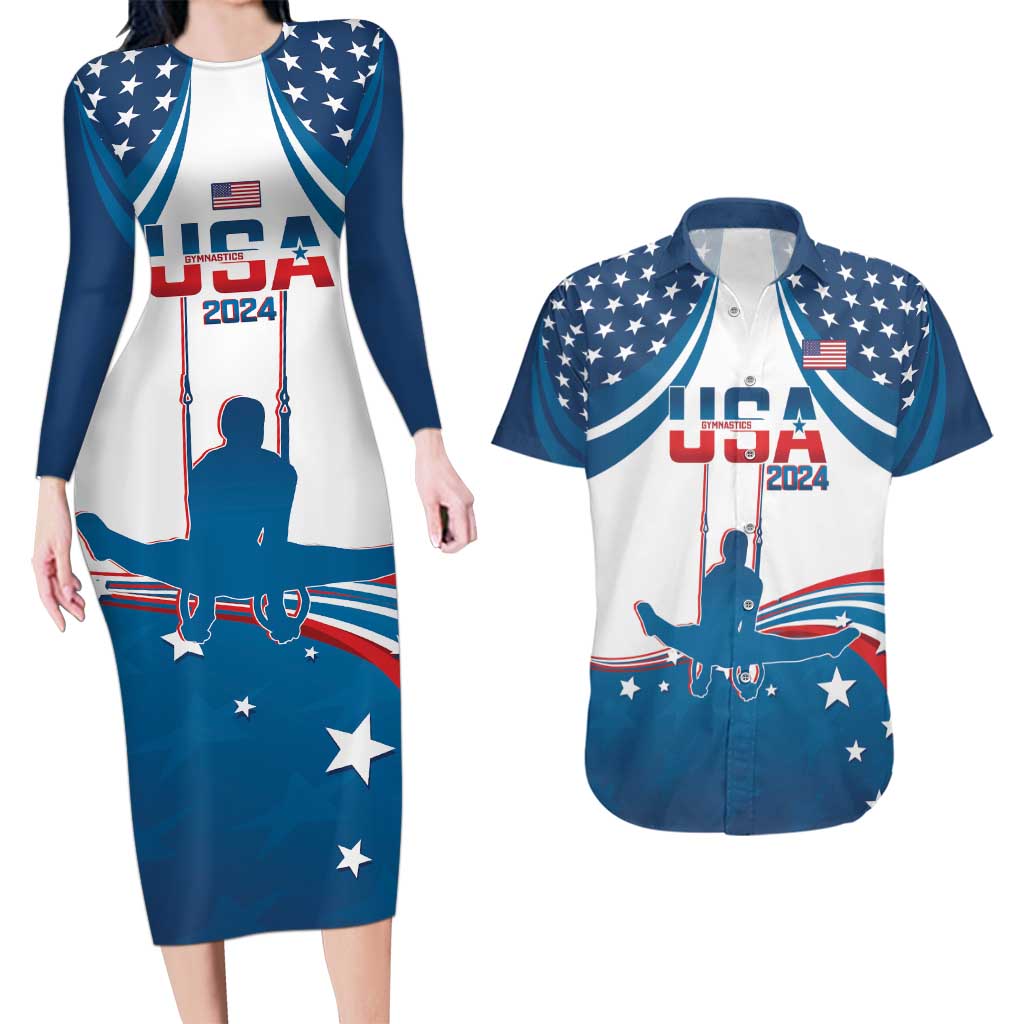 Personalized USA Gymnastics Couples Matching Long Sleeve Bodycon Dress and Hawaiian Shirt 2024 United States Flag Curve Style - Wonder Print Shop