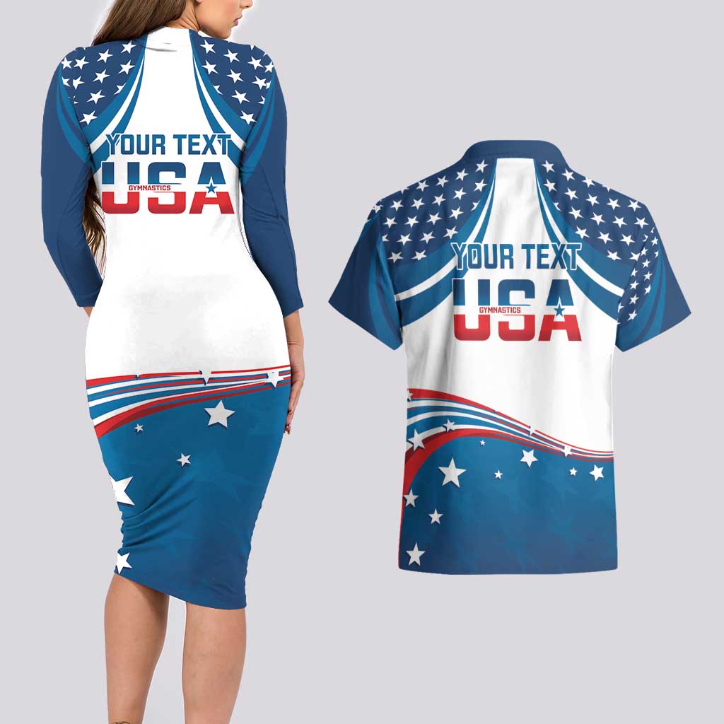 Personalized USA Gymnastics Couples Matching Long Sleeve Bodycon Dress and Hawaiian Shirt 2024 United States Flag Curve Style - Wonder Print Shop
