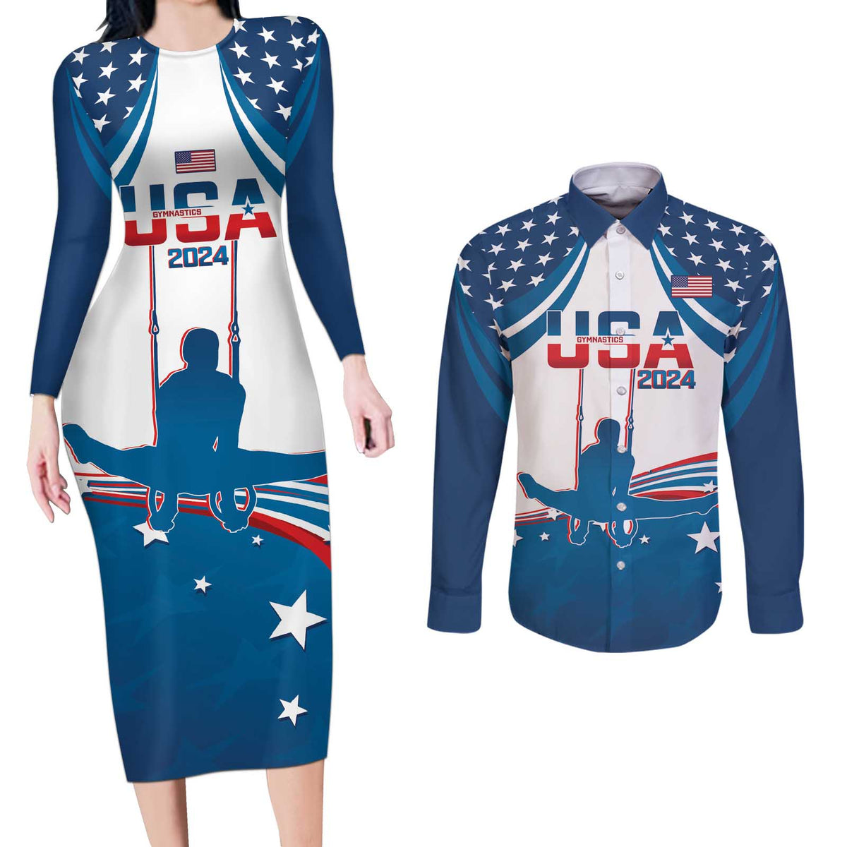 Personalized USA Gymnastics Couples Matching Long Sleeve Bodycon Dress and Long Sleeve Button Shirt 2024 United States Flag Curve Style - Wonder Print Shop