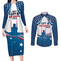 Personalized USA Gymnastics Couples Matching Long Sleeve Bodycon Dress and Long Sleeve Button Shirt 2024 United States Flag Curve Style - Wonder Print Shop