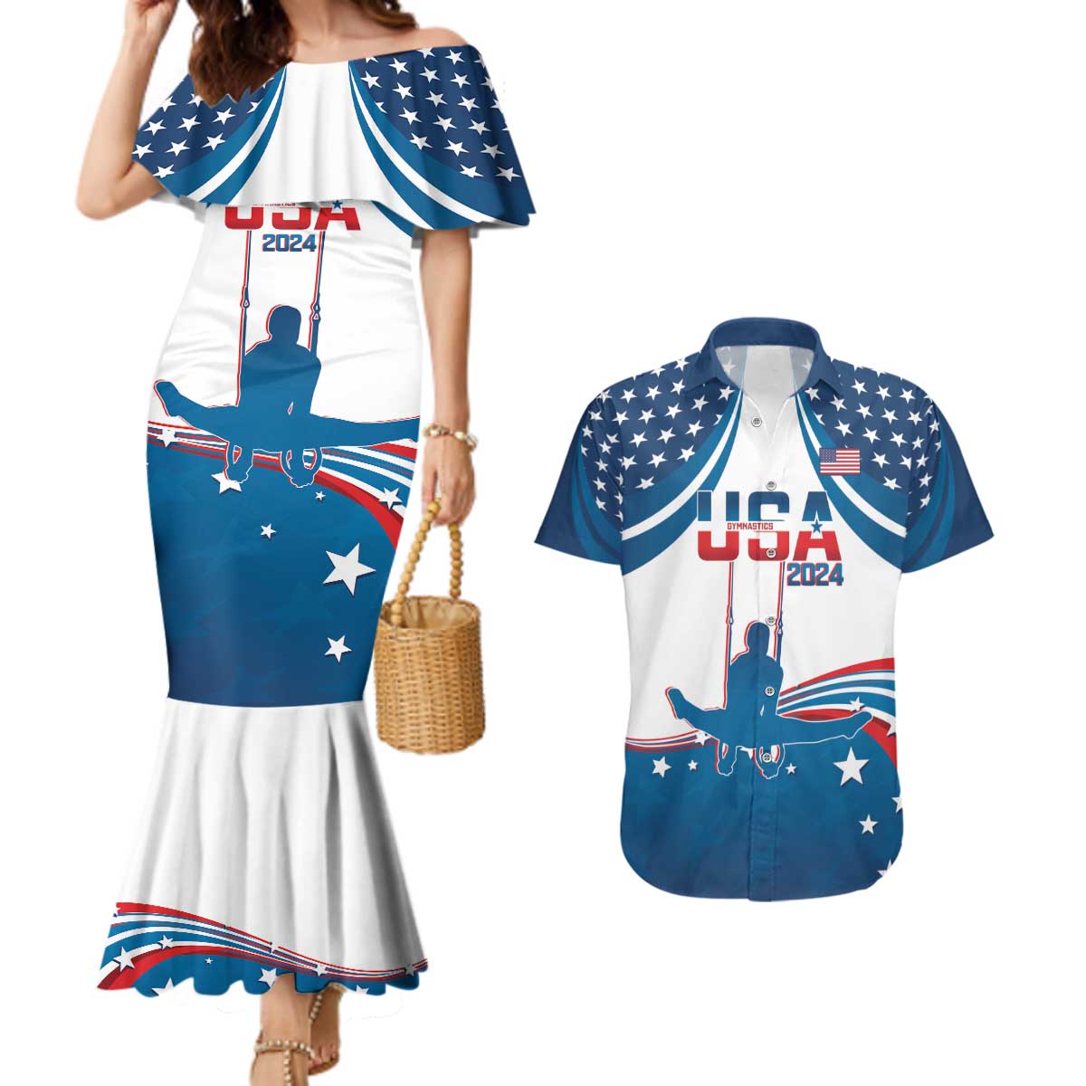 Personalized USA Gymnastics Couples Matching Mermaid Dress and Hawaiian Shirt 2024 United States Flag Curve Style - Wonder Print Shop
