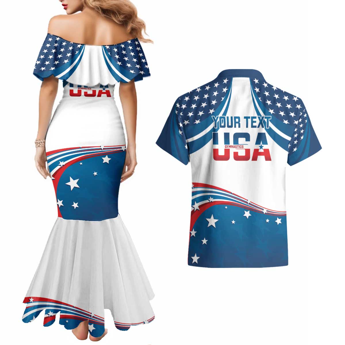 Personalized USA Gymnastics Couples Matching Mermaid Dress and Hawaiian Shirt 2024 United States Flag Curve Style - Wonder Print Shop