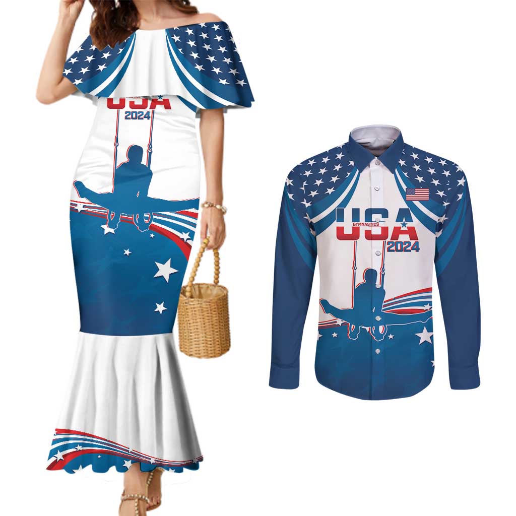 Personalized USA Gymnastics Couples Matching Mermaid Dress and Long Sleeve Button Shirt 2024 United States Flag Curve Style