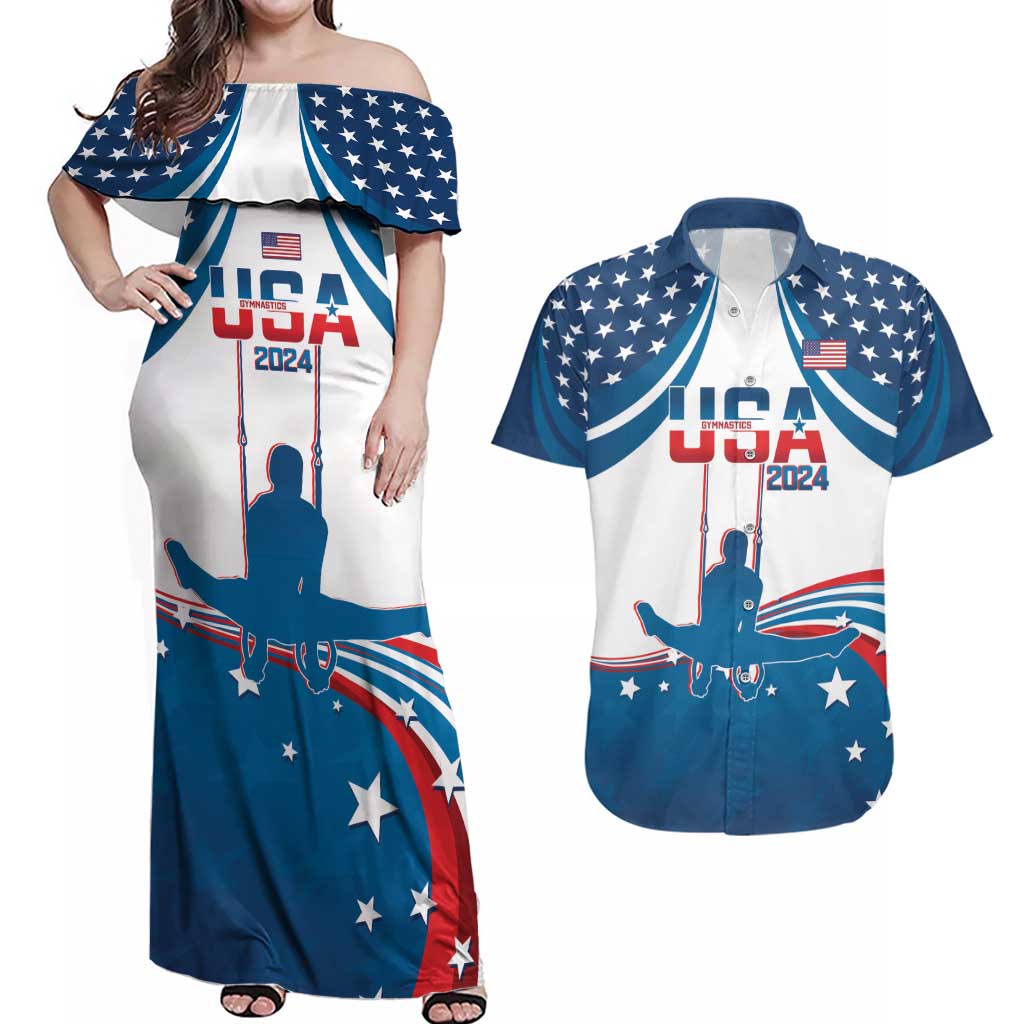 Personalized USA Gymnastics Couples Matching Off Shoulder Maxi Dress and Hawaiian Shirt 2024 United States Flag Curve Style - Wonder Print Shop