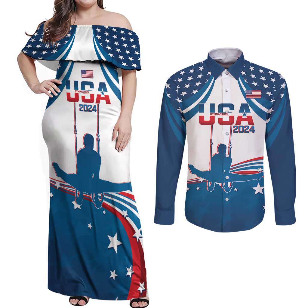 Personalized USA Gymnastics Couples Matching Off Shoulder Maxi Dress and Long Sleeve Button Shirt 2024 United States Flag Curve Style - Wonder Print Shop