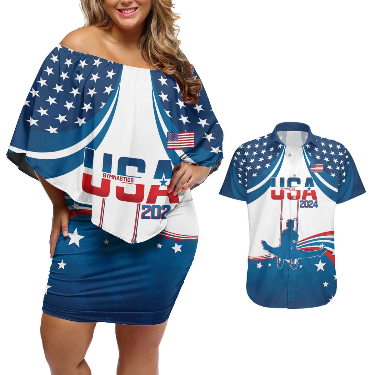 Personalized USA Gymnastics Couples Matching Off Shoulder Short Dress and Hawaiian Shirt 2024 United States Flag Curve Style - Wonder Print Shop