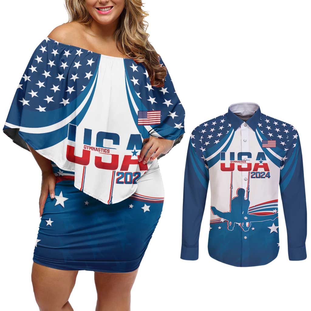 Personalized USA Gymnastics Couples Matching Off Shoulder Short Dress and Long Sleeve Button Shirt 2024 United States Flag Curve Style - Wonder Print Shop