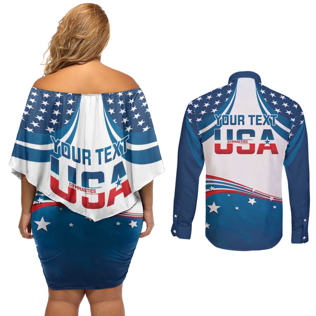 Personalized USA Gymnastics Couples Matching Off Shoulder Short Dress and Long Sleeve Button Shirt 2024 United States Flag Curve Style - Wonder Print Shop