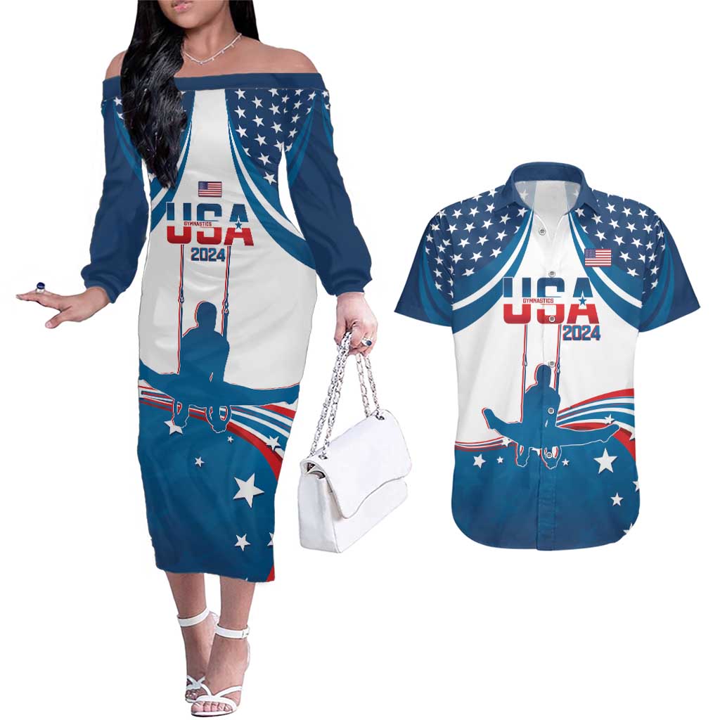 Personalized USA Gymnastics Couples Matching Off The Shoulder Long Sleeve Dress and Hawaiian Shirt 2024 United States Flag Curve Style - Wonder Print Shop