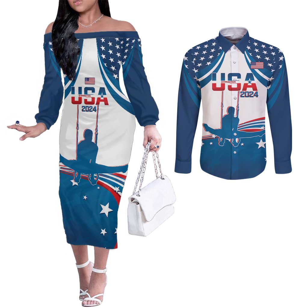 Personalized USA Gymnastics Couples Matching Off The Shoulder Long Sleeve Dress and Long Sleeve Button Shirt 2024 United States Flag Curve Style