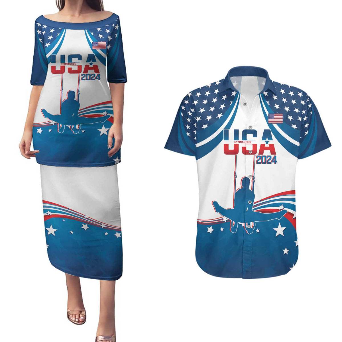 Personalized USA Gymnastics Couples Matching Puletasi and Hawaiian Shirt 2024 United States Flag Curve Style - Wonder Print Shop