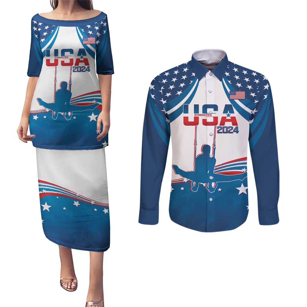 Personalized USA Gymnastics Couples Matching Puletasi and Long Sleeve Button Shirt 2024 United States Flag Curve Style - Wonder Print Shop