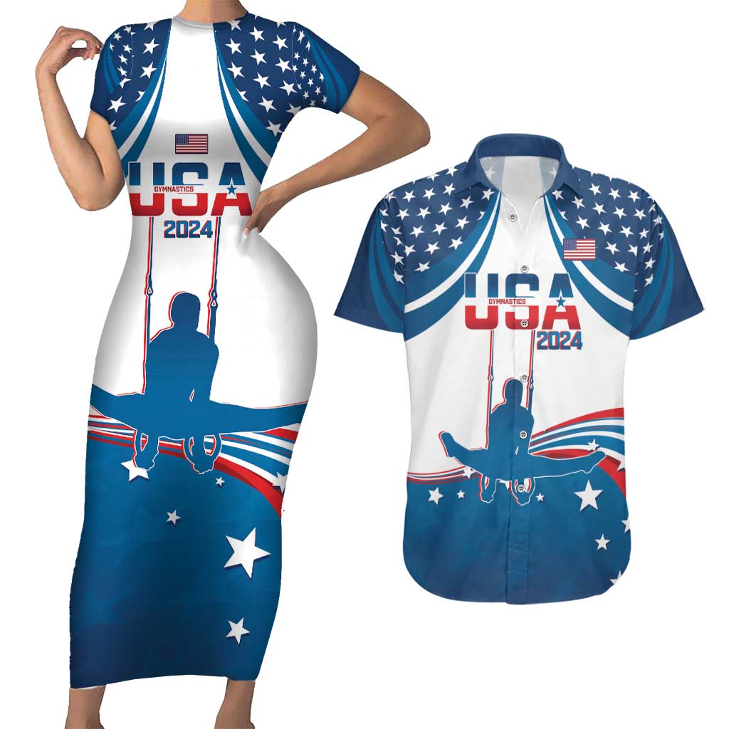 Personalized USA Gymnastics Couples Matching Short Sleeve Bodycon Dress and Hawaiian Shirt 2024 United States Flag Curve Style - Wonder Print Shop