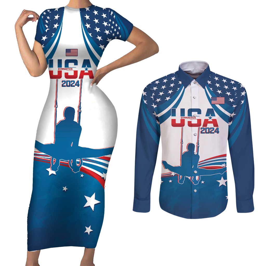 Personalized USA Gymnastics Couples Matching Short Sleeve Bodycon Dress and Long Sleeve Button Shirt 2024 United States Flag Curve Style - Wonder Print Shop