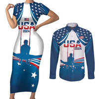 Personalized USA Gymnastics Couples Matching Short Sleeve Bodycon Dress and Long Sleeve Button Shirt 2024 United States Flag Curve Style - Wonder Print Shop