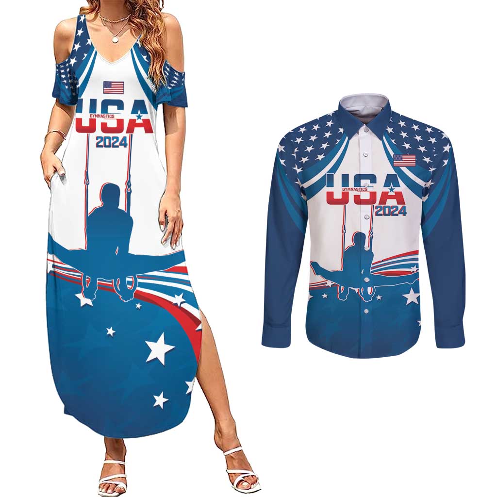 Personalized USA Gymnastics Couples Matching Summer Maxi Dress and Long Sleeve Button Shirt 2024 United States Flag Curve Style - Wonder Print Shop