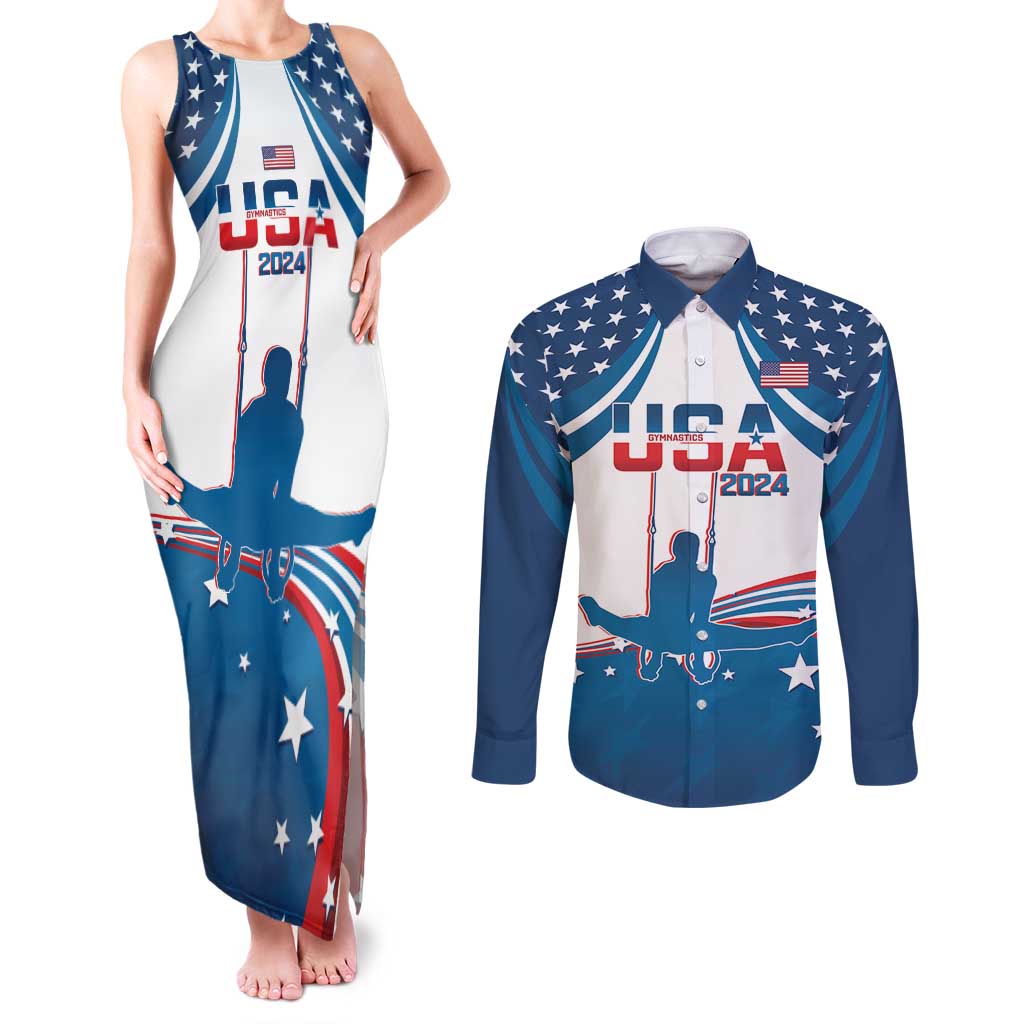 Personalized USA Gymnastics Couples Matching Tank Maxi Dress and Long Sleeve Button Shirt 2024 United States Flag Curve Style - Wonder Print Shop