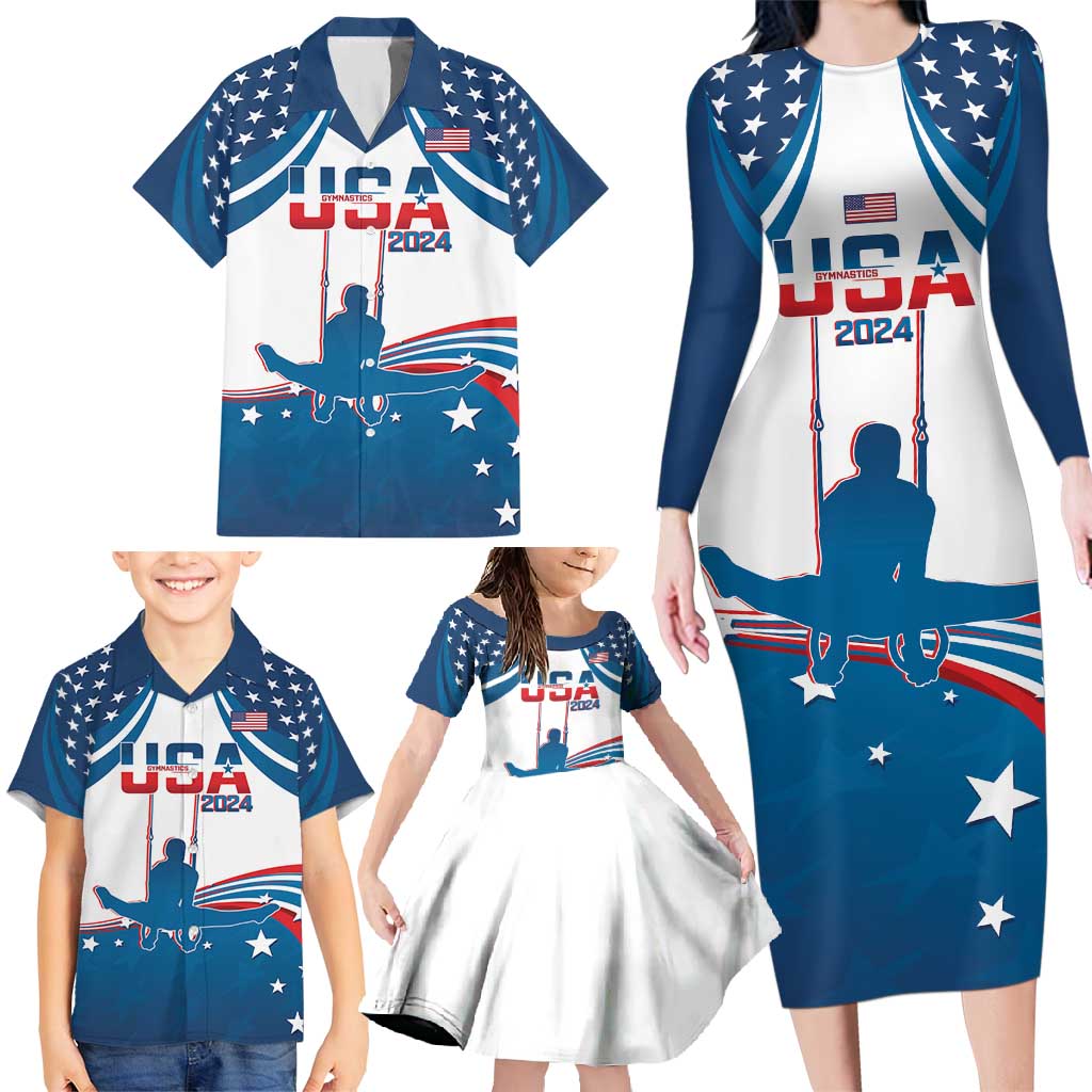 Personalized USA Gymnastics Family Matching Long Sleeve Bodycon Dress and Hawaiian Shirt 2024 United States Flag Curve Style - Wonder Print Shop