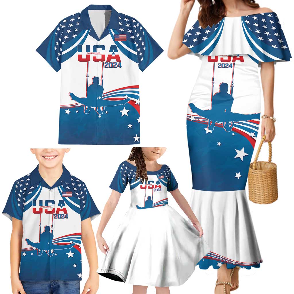 Personalized USA Gymnastics Family Matching Mermaid Dress and Hawaiian Shirt 2024 United States Flag Curve Style - Wonder Print Shop