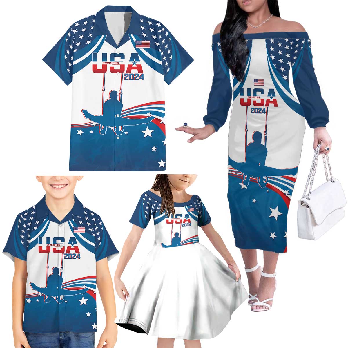 Personalized USA Gymnastics Family Matching Off The Shoulder Long Sleeve Dress and Hawaiian Shirt 2024 United States Flag Curve Style - Wonder Print Shop