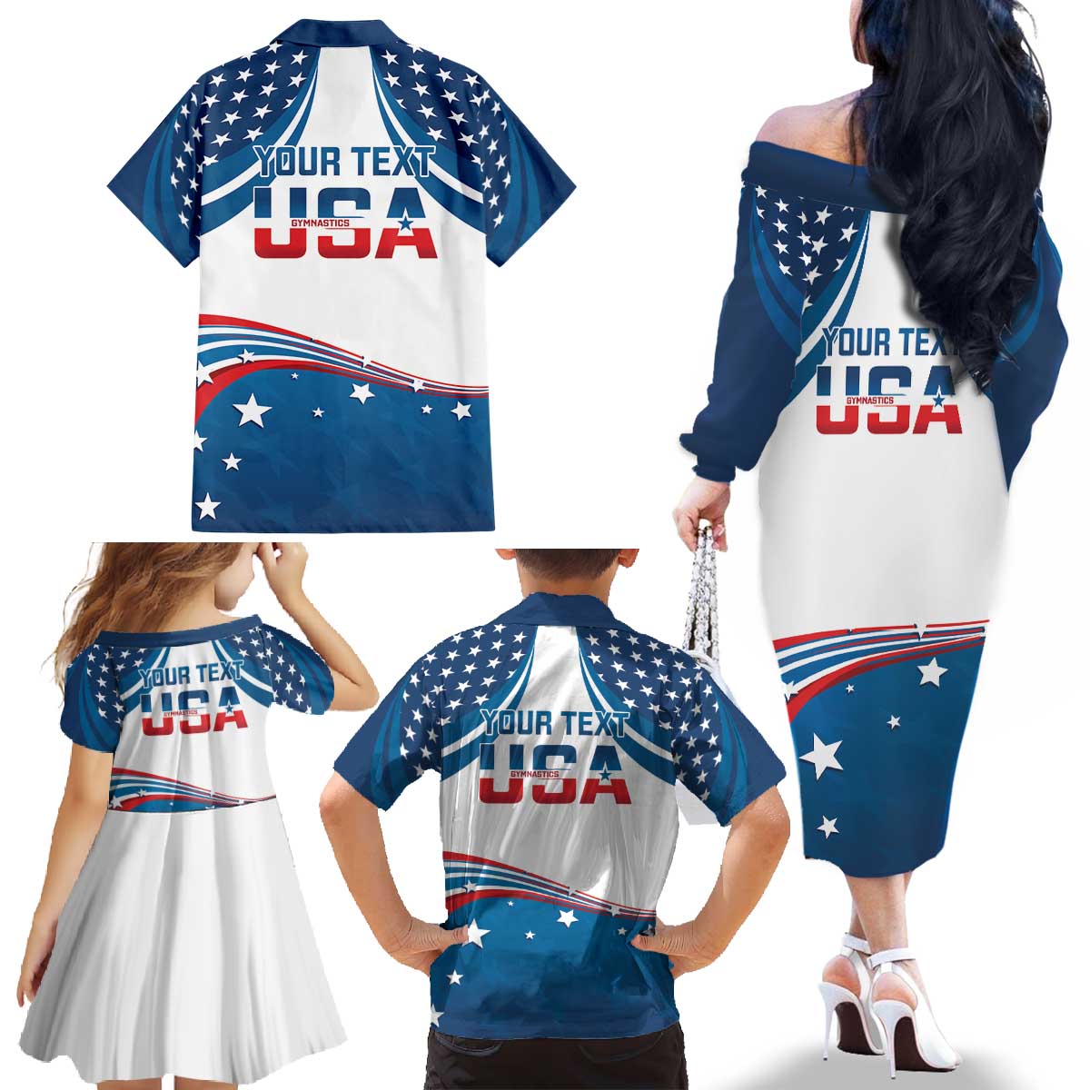 Personalized USA Gymnastics Family Matching Off The Shoulder Long Sleeve Dress and Hawaiian Shirt 2024 United States Flag Curve Style - Wonder Print Shop
