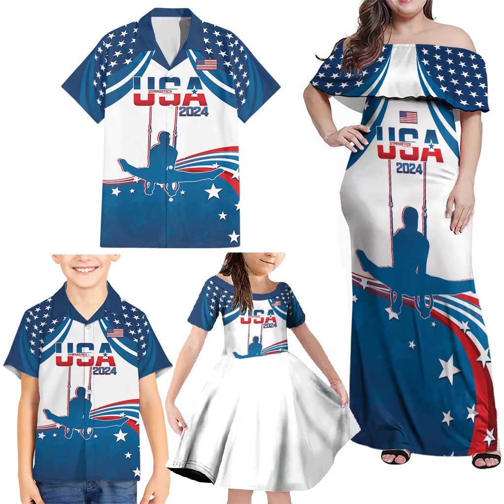 Personalized USA Gymnastics Family Matching Off Shoulder Maxi Dress and Hawaiian Shirt 2024 United States Flag Curve Style - Wonder Print Shop