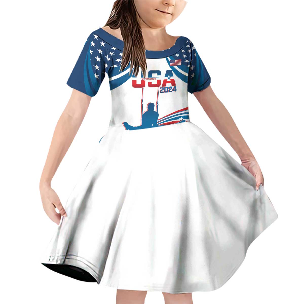 Personalized USA Gymnastics Family Matching Off Shoulder Short Dress and Hawaiian Shirt 2024 United States Flag Curve Style - Wonder Print Shop