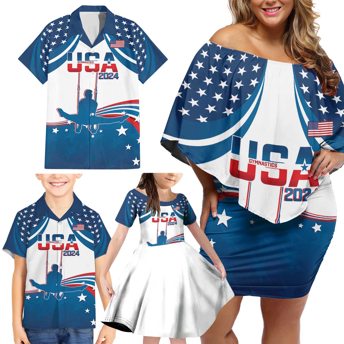 Personalized USA Gymnastics Family Matching Off Shoulder Short Dress and Hawaiian Shirt 2024 United States Flag Curve Style - Wonder Print Shop