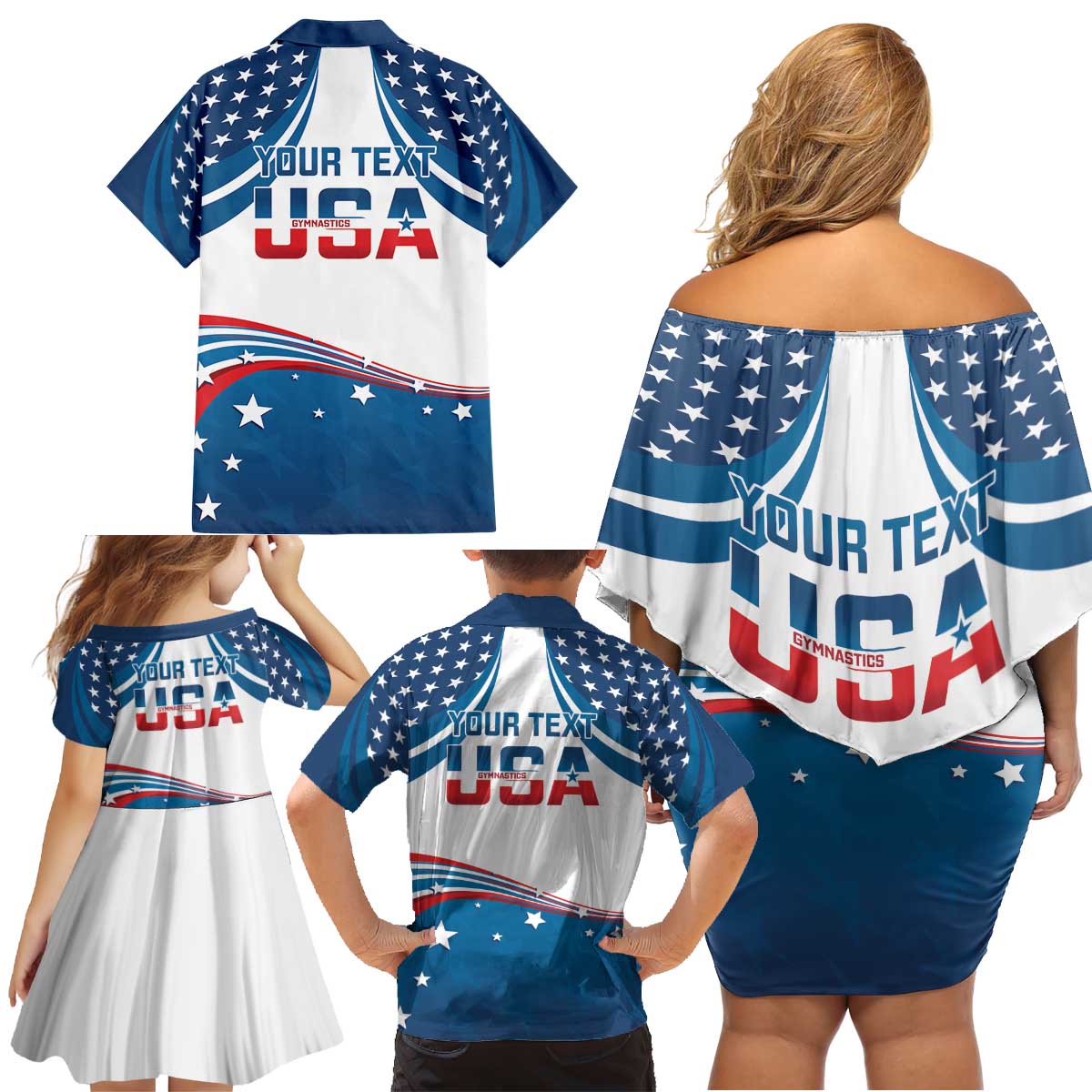 Personalized USA Gymnastics Family Matching Off Shoulder Short Dress and Hawaiian Shirt 2024 United States Flag Curve Style - Wonder Print Shop