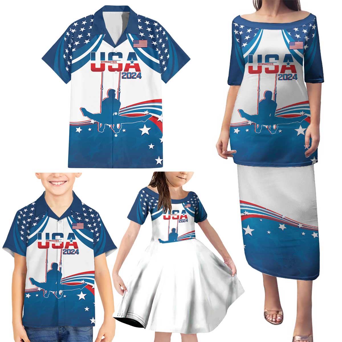 Personalized USA Gymnastics Family Matching Puletasi and Hawaiian Shirt 2024 United States Flag Curve Style - Wonder Print Shop