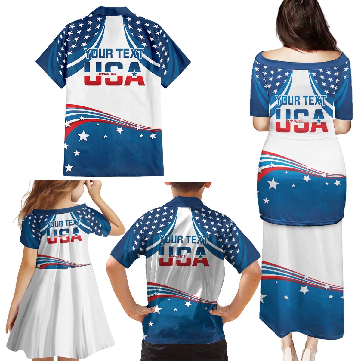 Personalized USA Gymnastics Family Matching Puletasi and Hawaiian Shirt 2024 United States Flag Curve Style - Wonder Print Shop