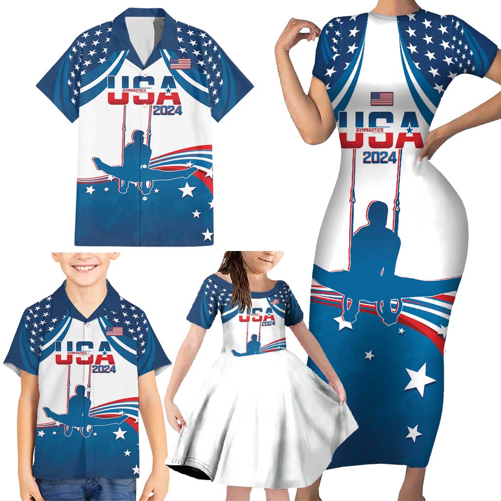 Personalized USA Gymnastics Family Matching Short Sleeve Bodycon Dress and Hawaiian Shirt 2024 United States Flag Curve Style - Wonder Print Shop