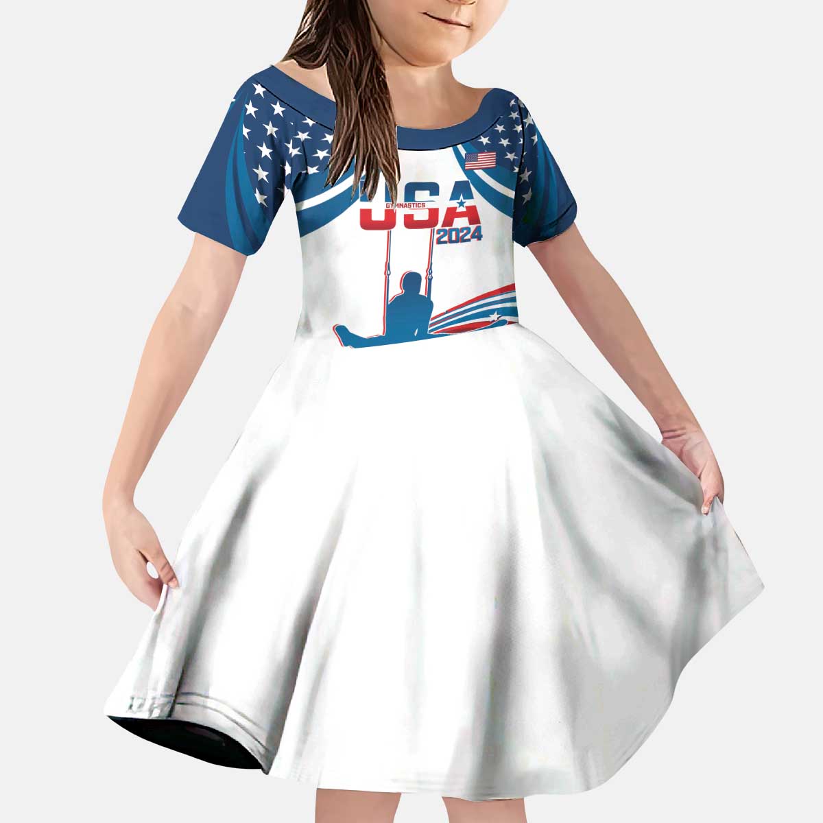 Personalized USA Gymnastics Kid Short Sleeve Dress 2024 United States Flag Curve Style - Wonder Print Shop