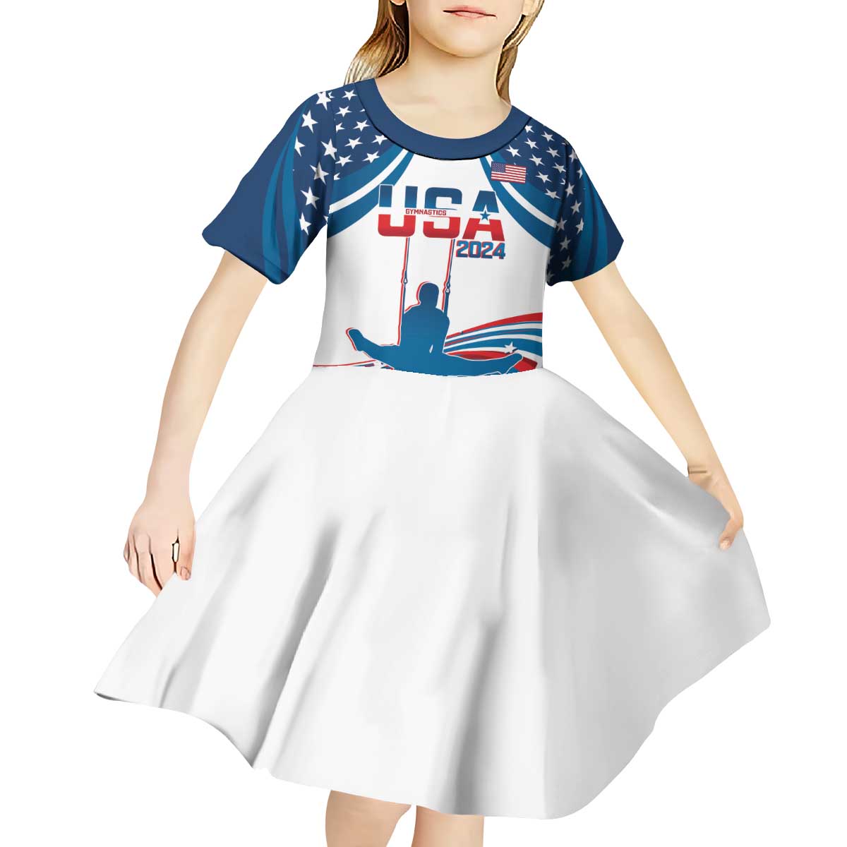 Personalized USA Gymnastics Kid Short Sleeve Dress 2024 United States Flag Curve Style - Wonder Print Shop