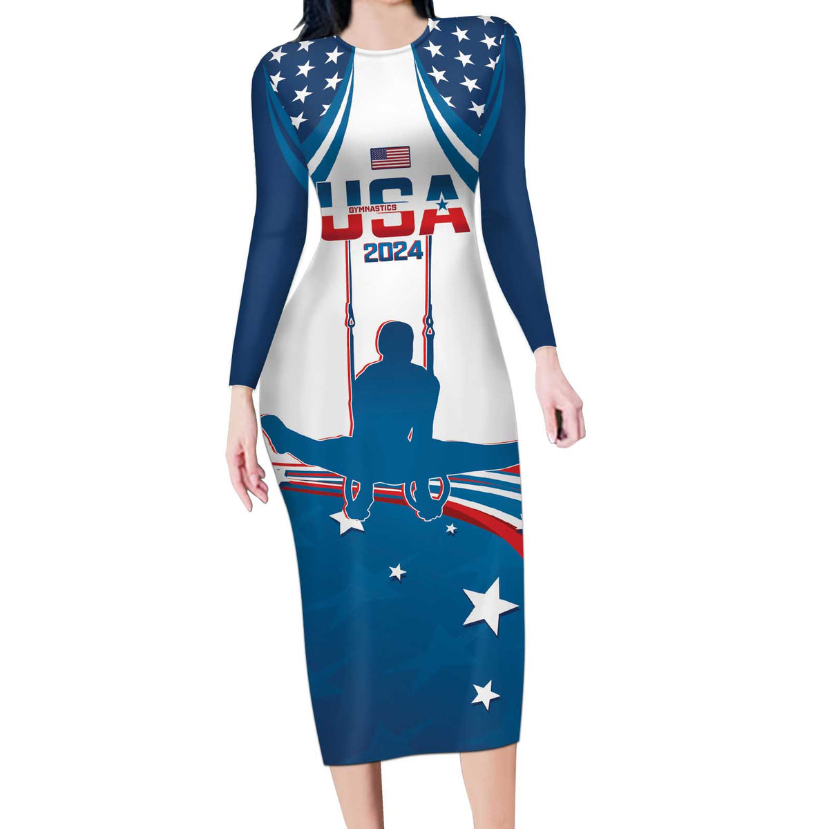 Personalized USA Gymnastics Long Sleeve Bodycon Dress 2024 United States Flag Curve Style - Wonder Print Shop