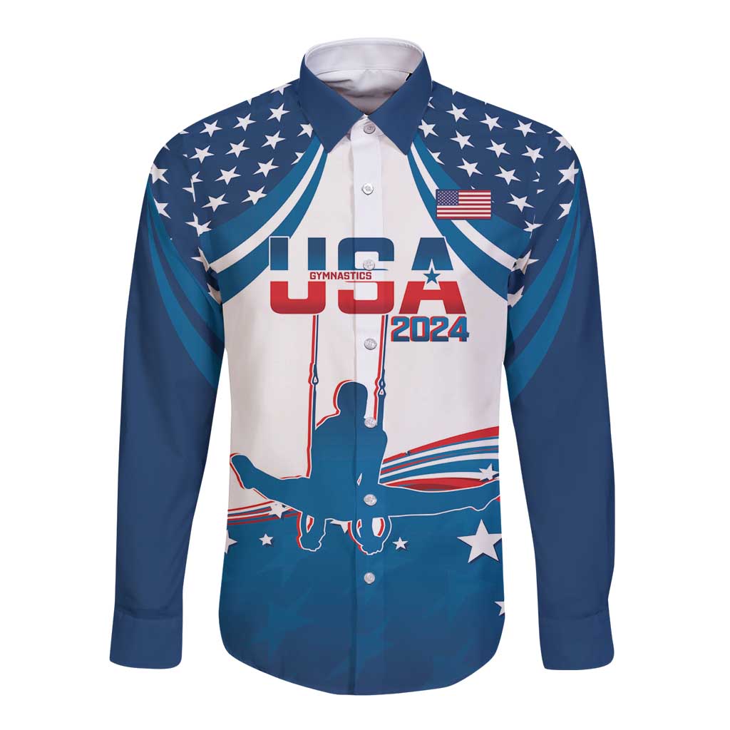 Personalized USA Gymnastics Long Sleeve Button Shirt 2024 United States Flag Curve Style - Wonder Print Shop