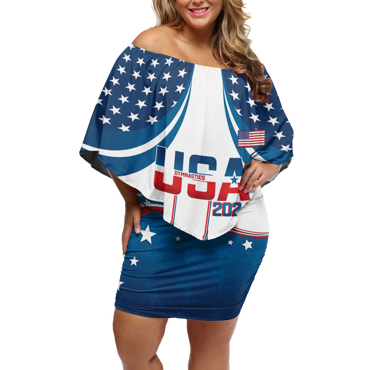 Personalized USA Gymnastics Off Shoulder Short Dress 2024 United States Flag Curve Style - Wonder Print Shop