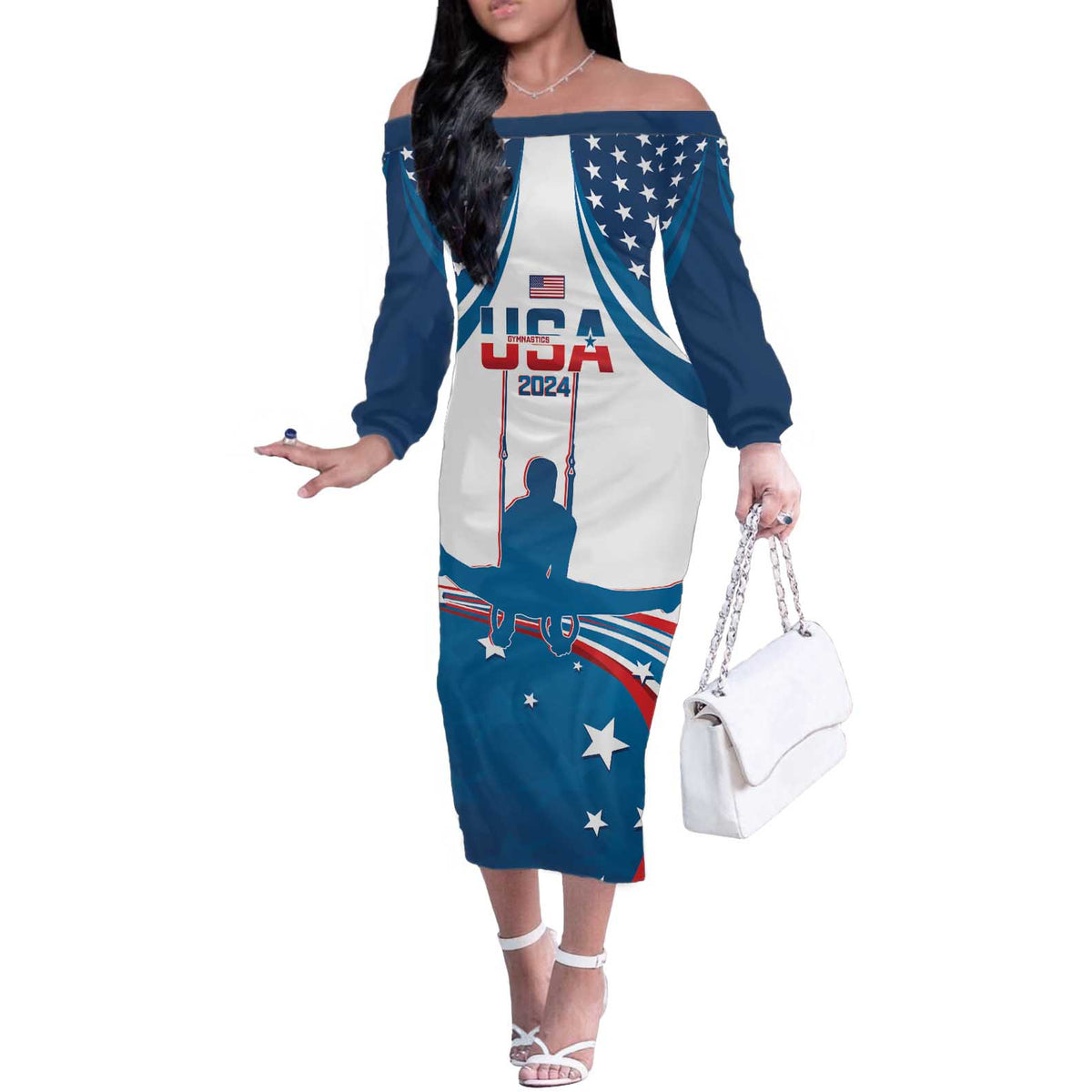 Personalized USA Gymnastics Off The Shoulder Long Sleeve Dress 2024 United States Flag Curve Style - Wonder Print Shop