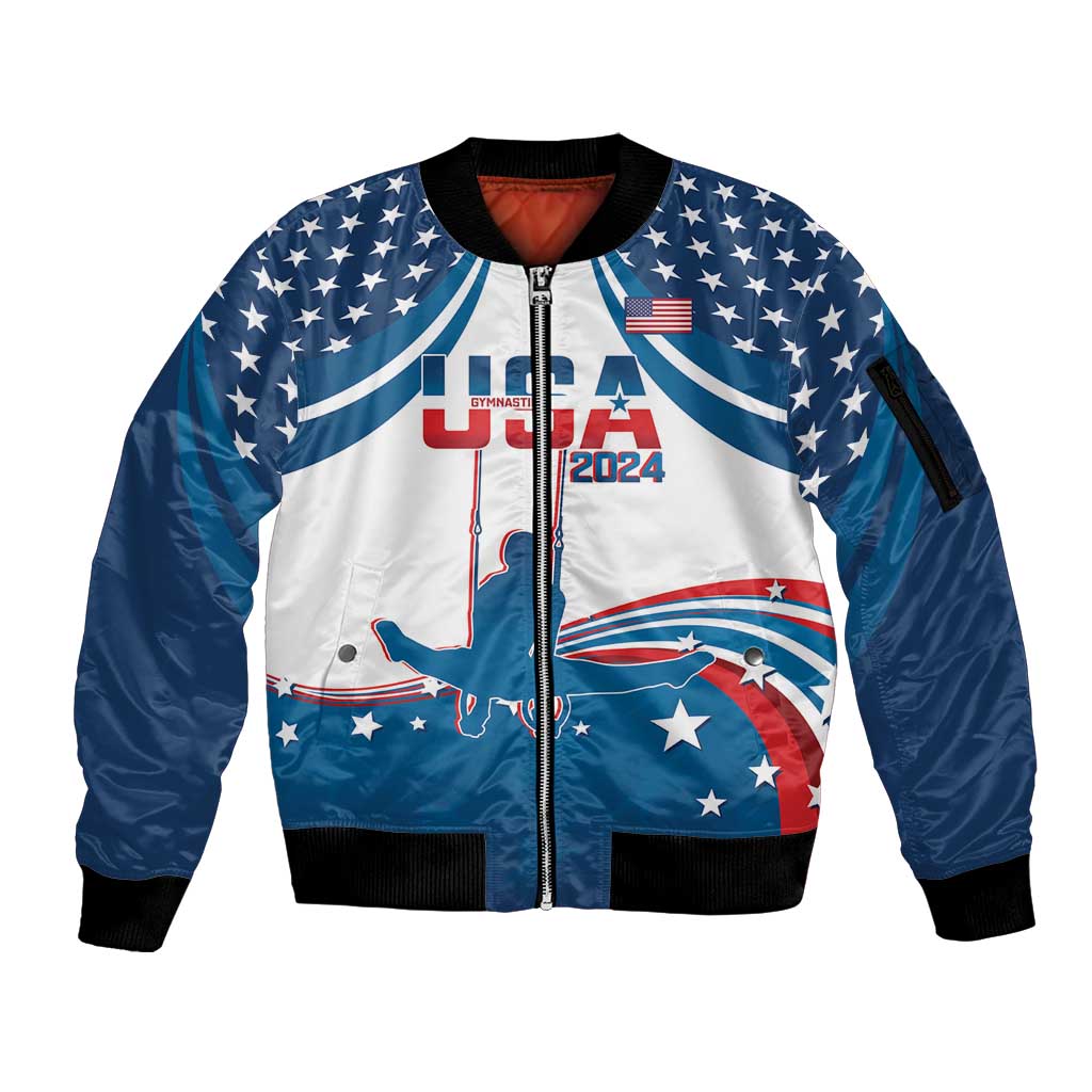Personalized USA Gymnastics Sleeve Zip Bomber Jacket 2024 United States Flag Curve Style - Wonder Print Shop