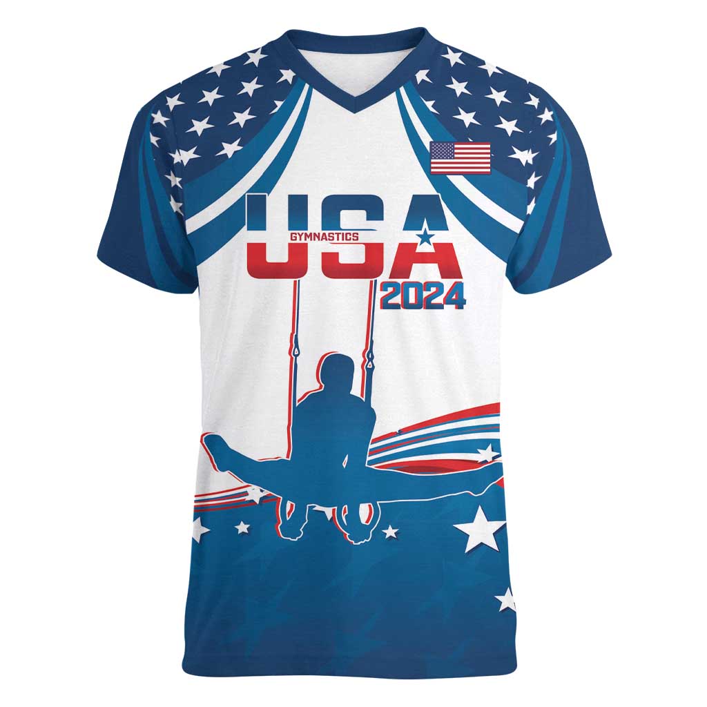 Personalized USA Gymnastics Women V-Neck T-Shirt 2024 United States Flag Curve Style - Wonder Print Shop
