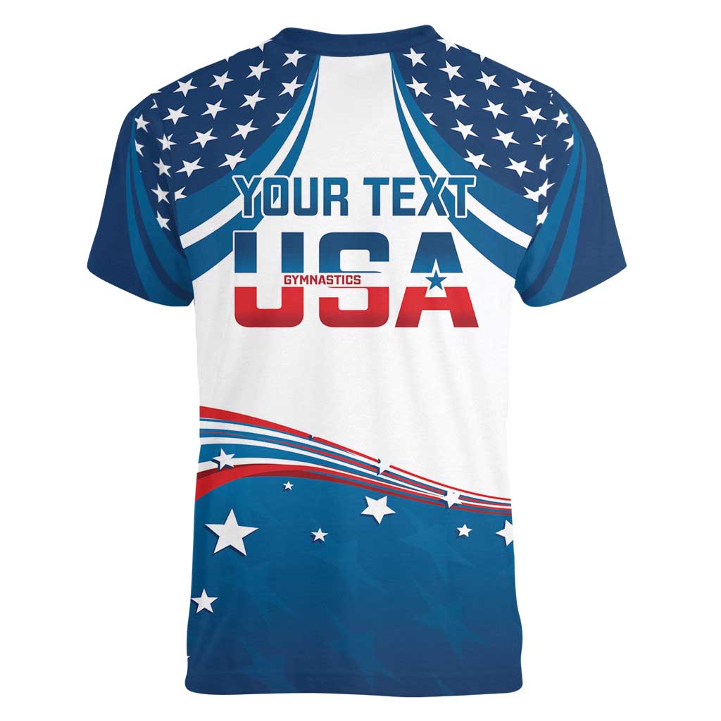 Personalized USA Gymnastics Women V-Neck T-Shirt 2024 United States Flag Curve Style - Wonder Print Shop