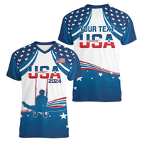 Personalized USA Gymnastics Women V-Neck T-Shirt 2024 United States Flag Curve Style - Wonder Print Shop