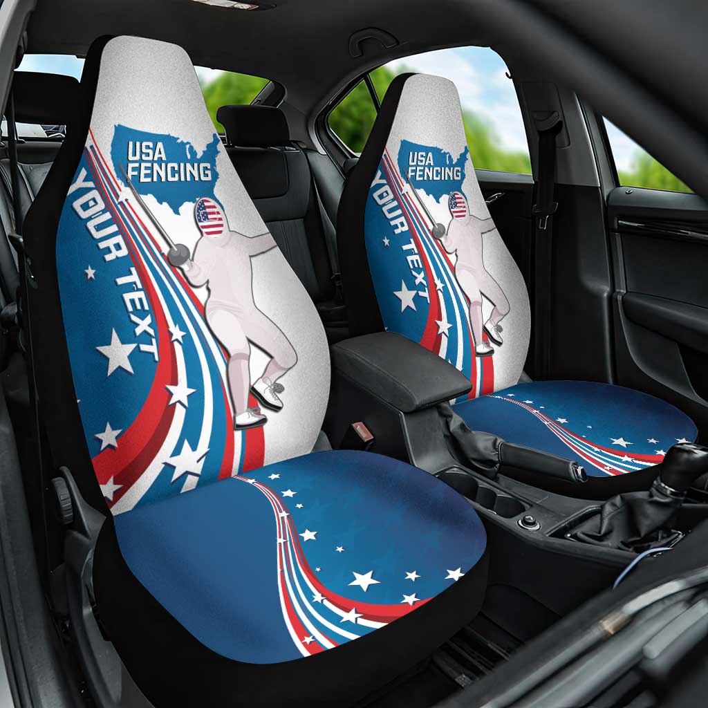 Personalized USA Fencing Car Seat Cover 2024 United States Flag Curve Style - Wonder Print Shop