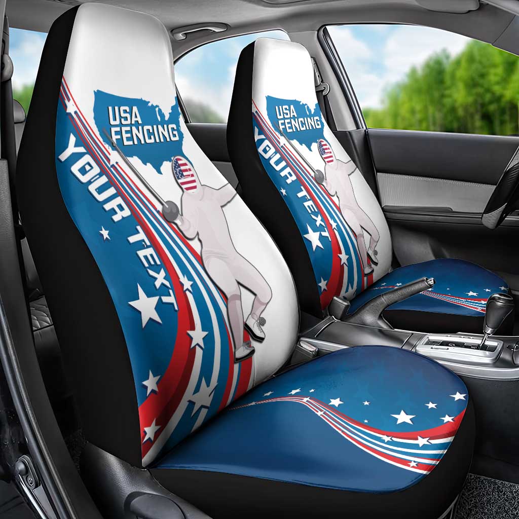 Personalized USA Fencing Car Seat Cover 2024 United States Flag Curve Style - Wonder Print Shop