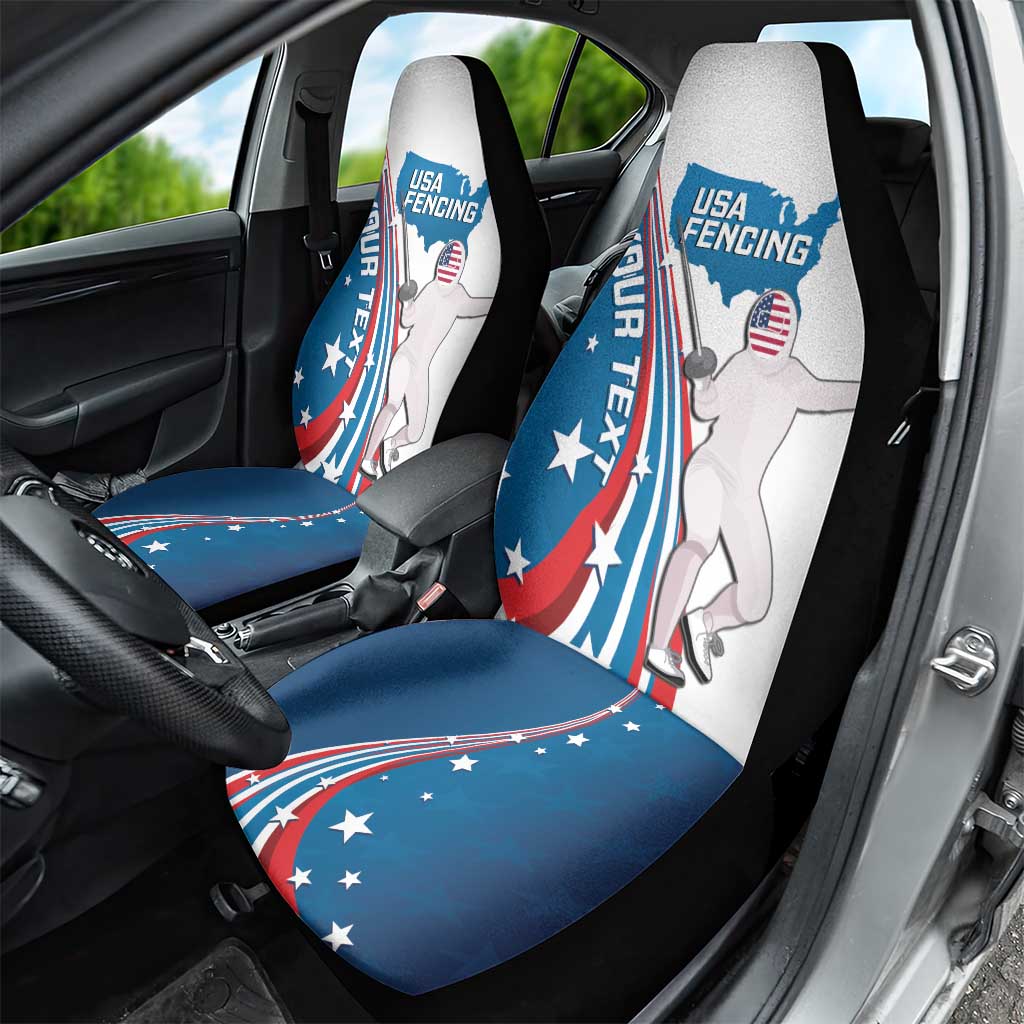 Personalized USA Fencing Car Seat Cover 2024 United States Flag Curve Style - Wonder Print Shop